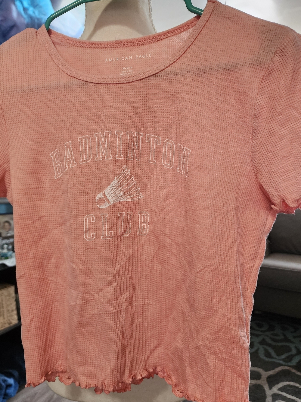 American Eagle Outfitters Pink 'Badminton Club' Waffle Short Sleeve Tee Sz Med